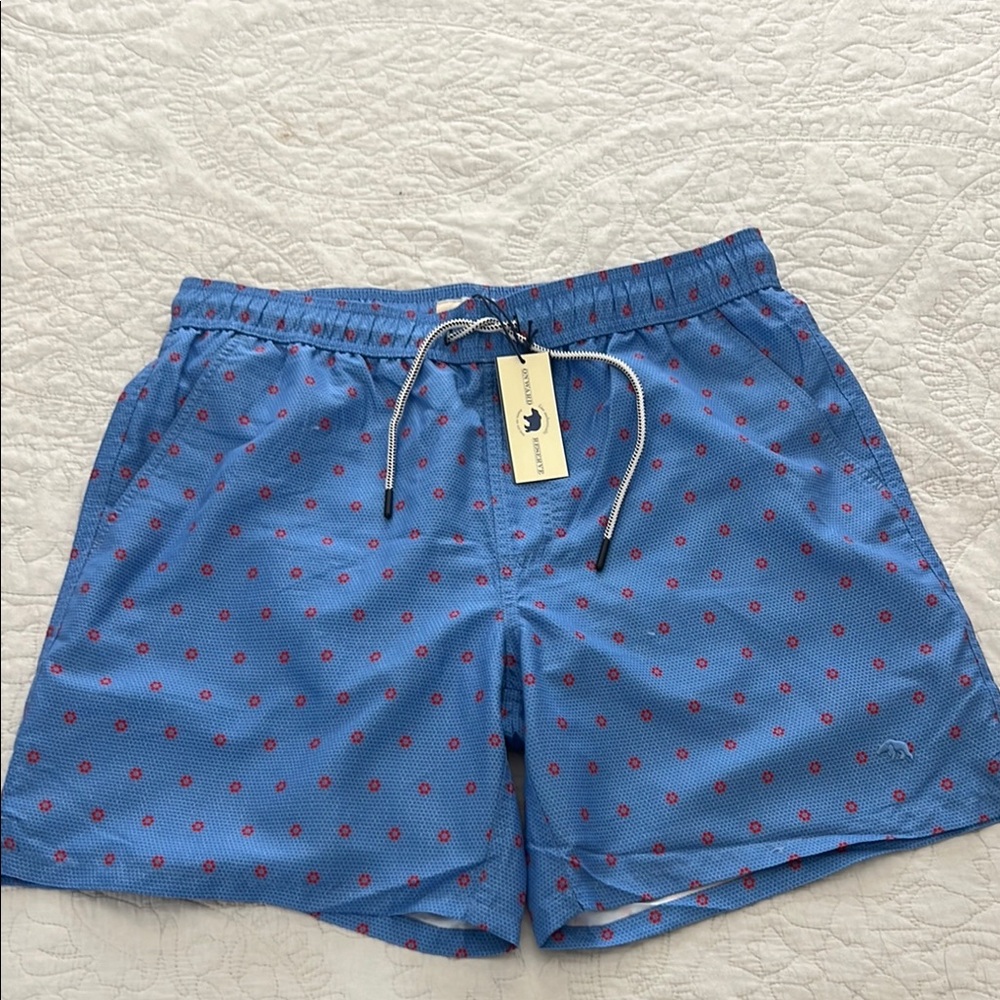Blue and Red Swim Trunks with Elastic Waistband